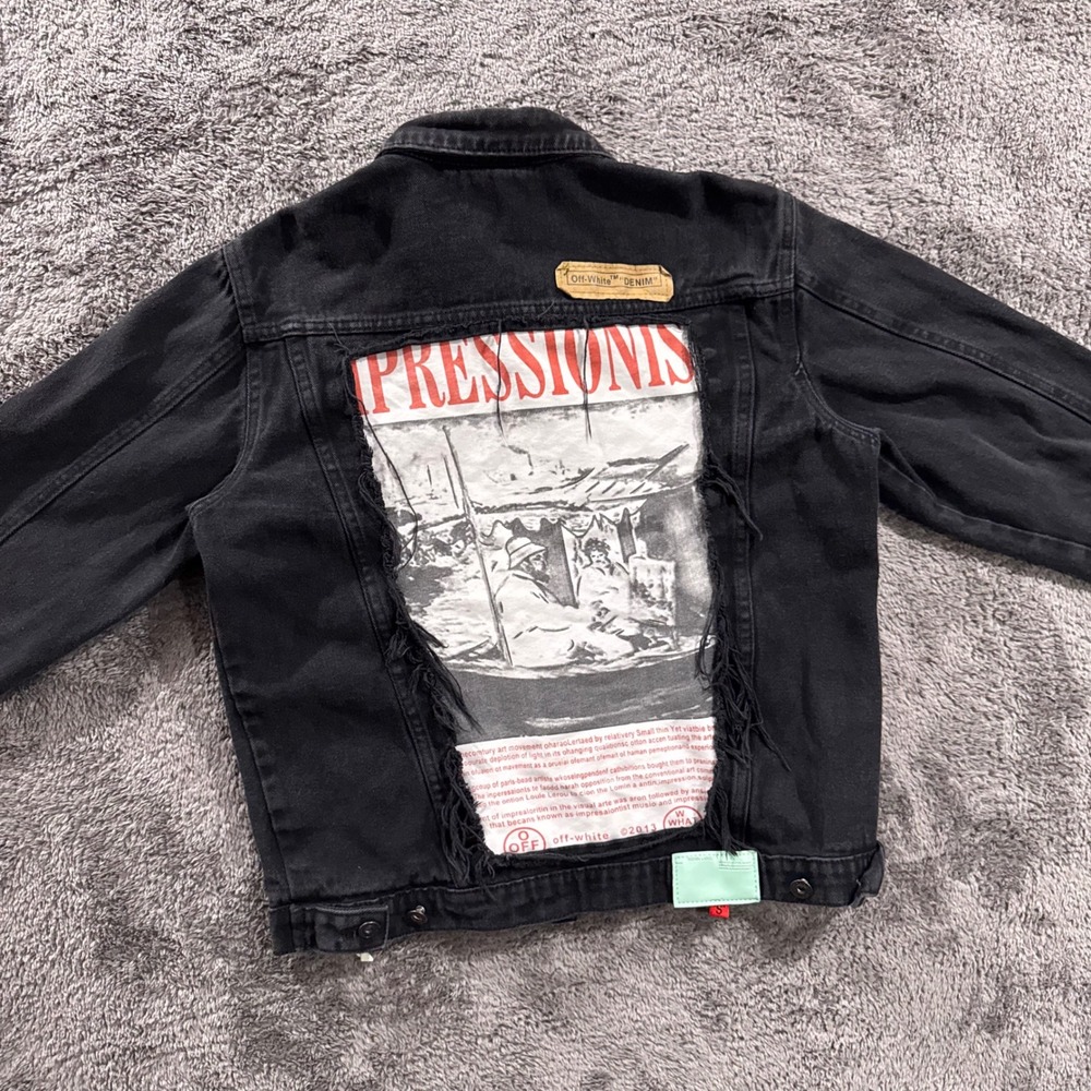 Off-White Virgil Abloh Impressionism Black Denim Jacket Small Distressed Graphic